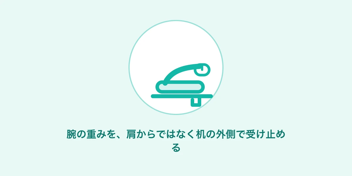 AI生成イメージ: 腕の重みを机の外で受け止めるイメージ