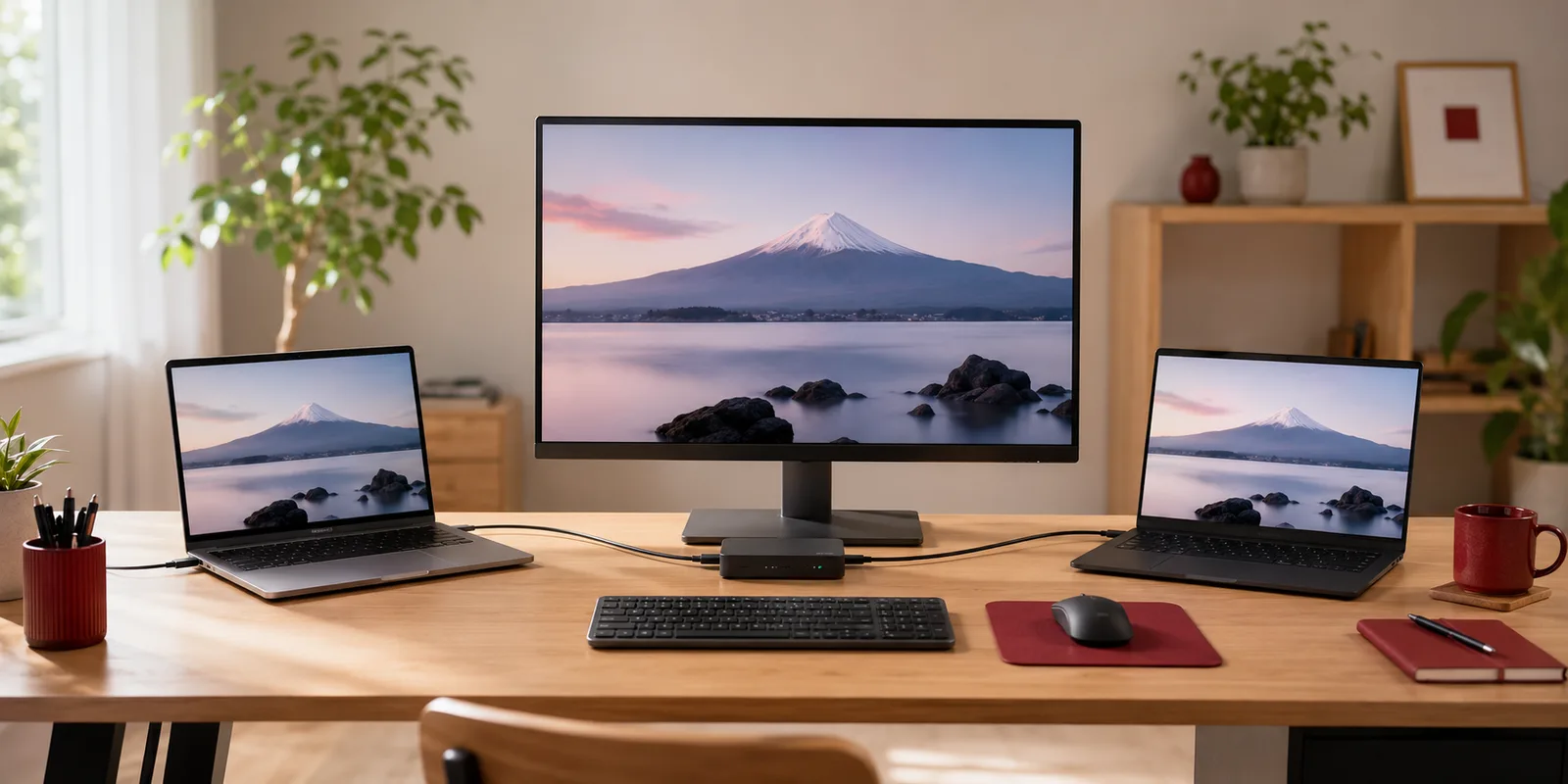AI生成イメージ: 2台のPCを1組で操作するKVMスイッチ