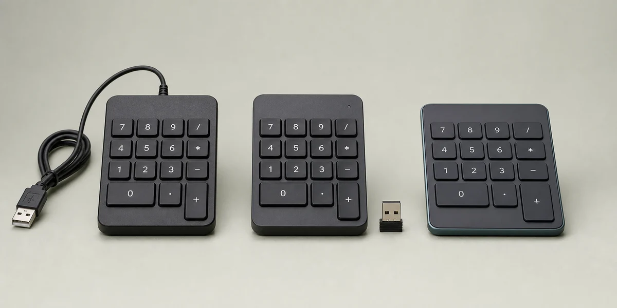 AI生成イメージ: USB有線、USBレシーバー式、薄型無線の外付けテンキー