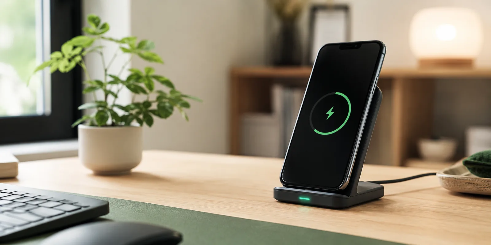 AI生成イメージ: スタンド型ワイヤレス充電器のあるデスク